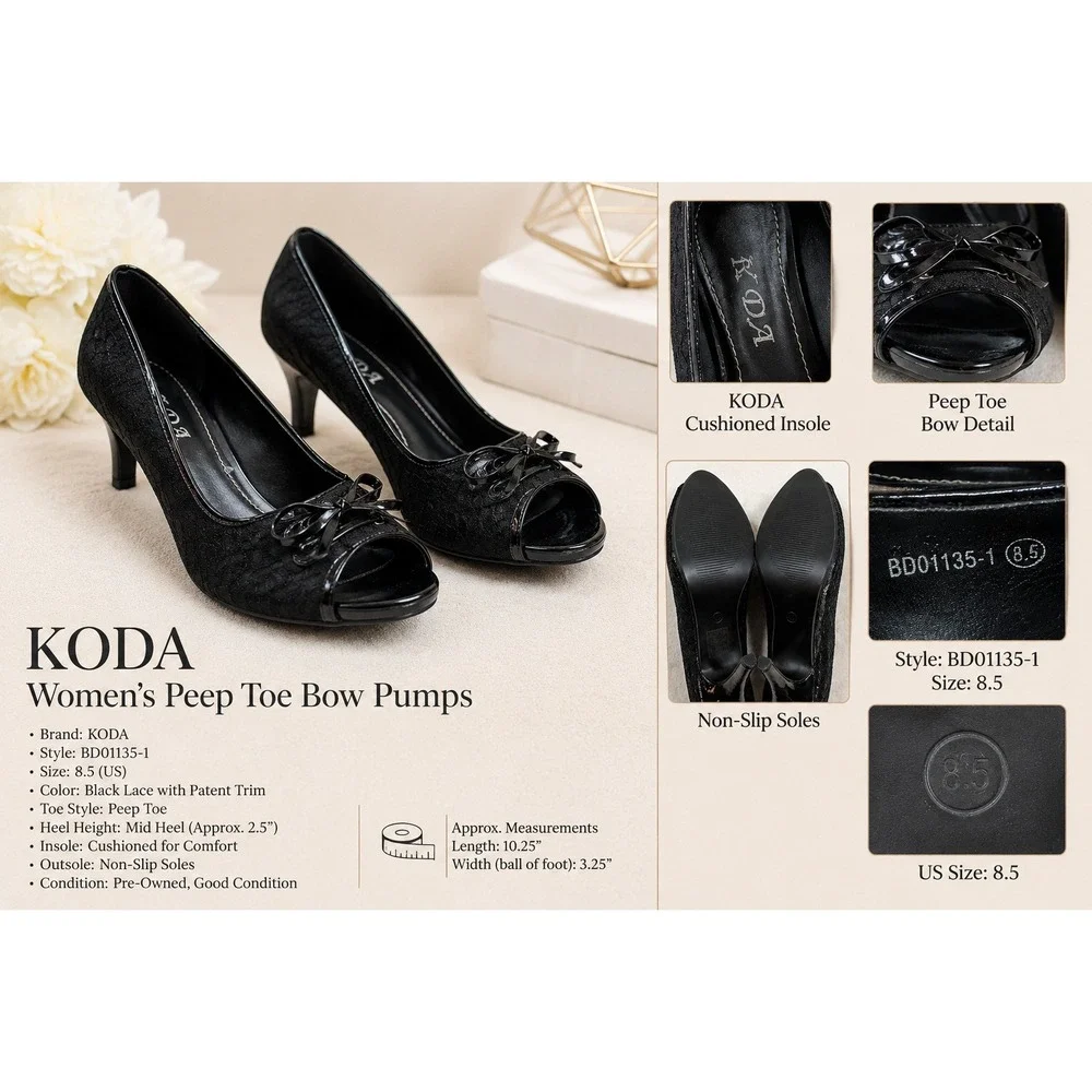 YIDA Black Lace Peep‎ Toe Bow Pumps Stiletto Heels BD01135-1 Size 8.5